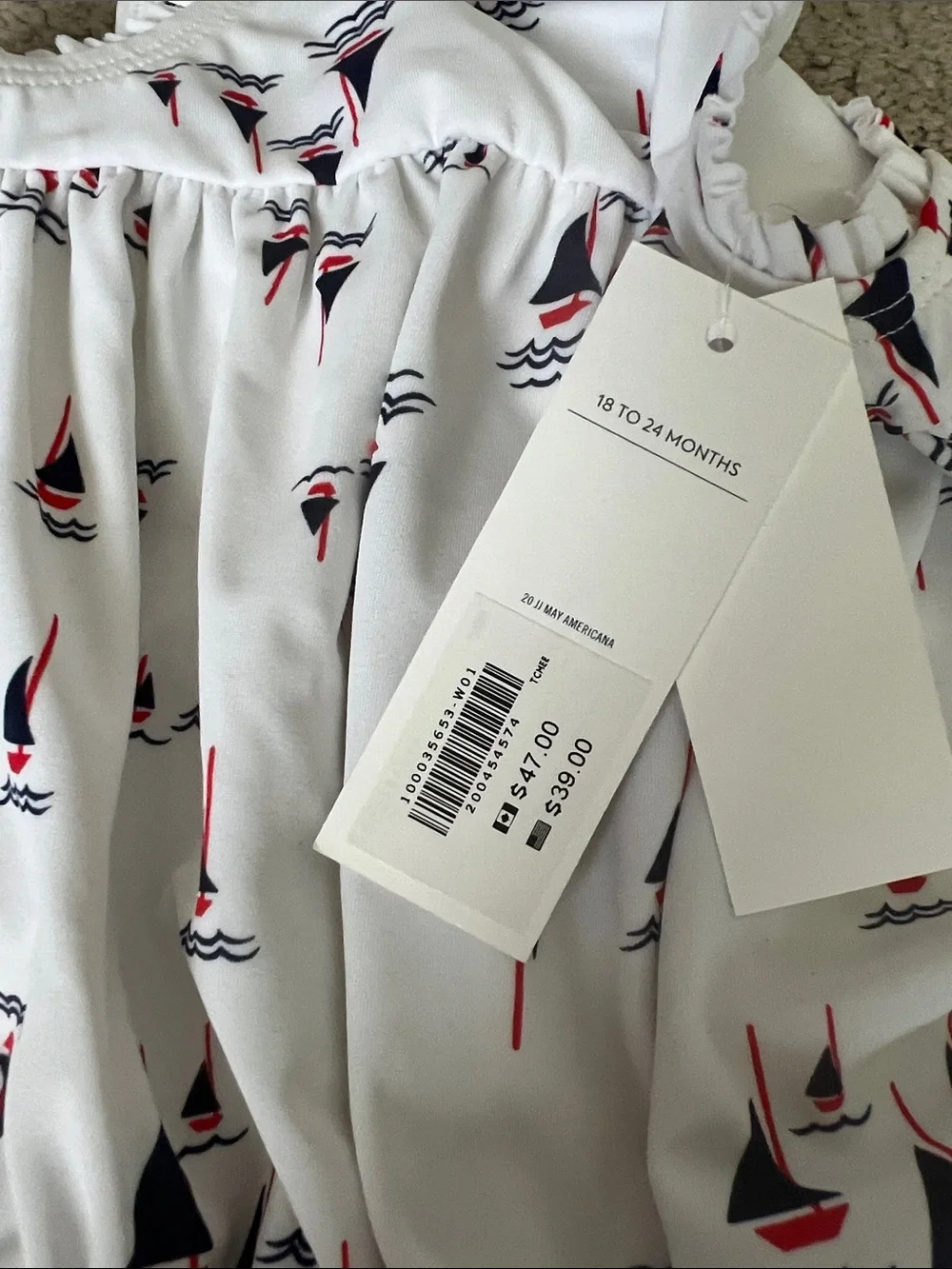 Janie and Jack White One-Piece Swimsuit with Navy and Red Sailboat Print